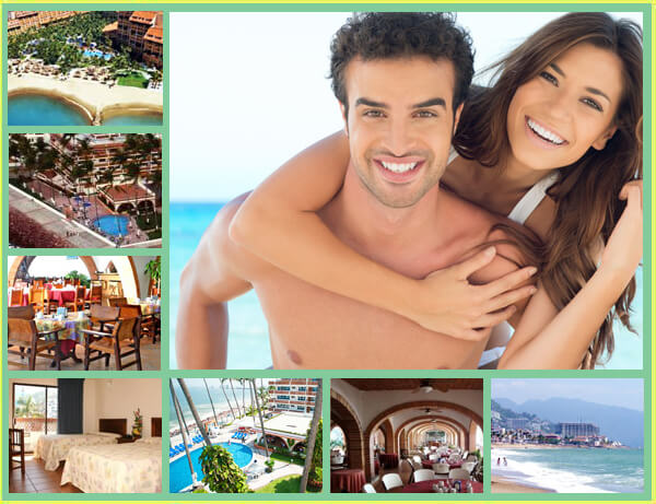 Montage of 5 pictures, showing the interior and exterior of the Vallarta Medical Center Inn, a happy man and woman couple.  The woman has her arms wrapped around the man’s chest, and both are smiling while looking directly at the camera.