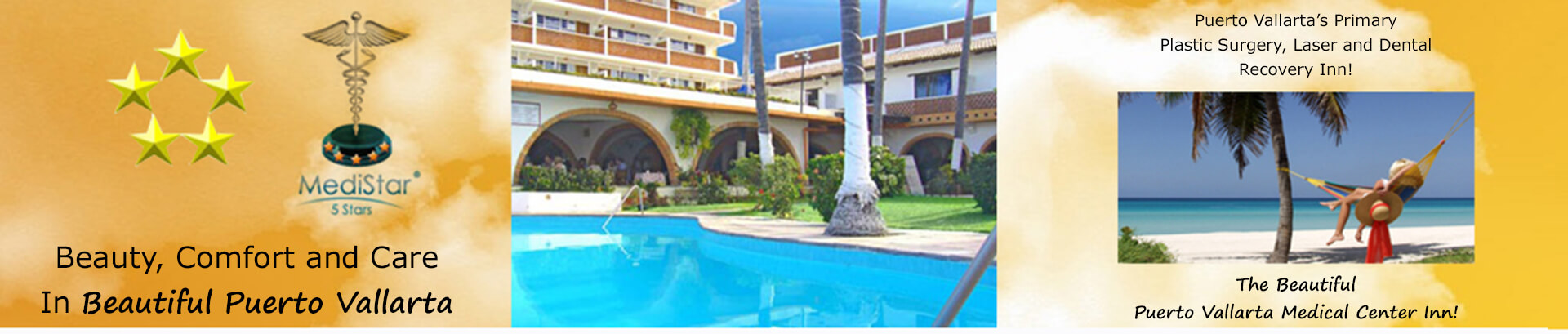 Montage of 3 pictures, showing a logo with medical symbol and 5 Medistars, a photo of a pool, and a woman sitting in a hammock on the beach who is happy with the plastic surgery recovery she had at the Vallarta Medical Center Inn in Puerto Vallarta, Mexico.